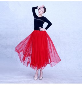 Black red long sleeves standard full skirted women's competition performance professional ballroom tango waltz dance dresses skirts